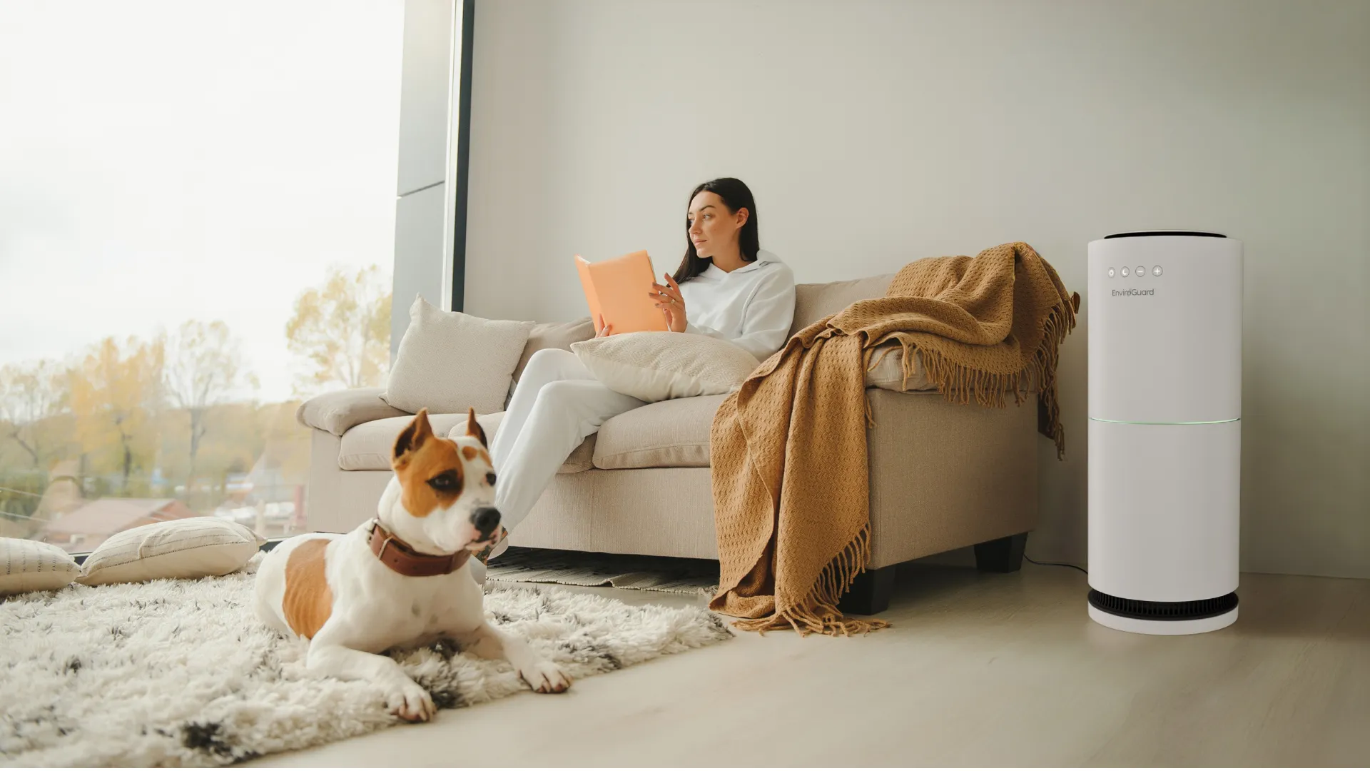 HEPA filter air purifier reducing Australian Shepherd dander in home